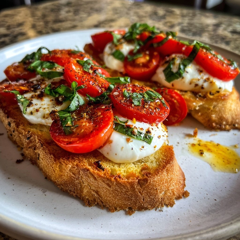 Bruschetta mit Tomate, Basilikum und Burrata