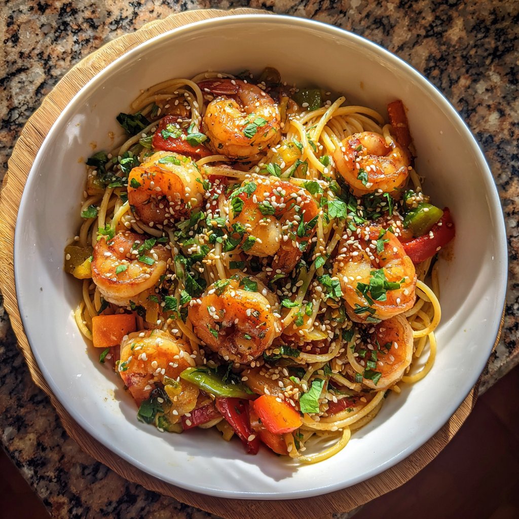 Asiatisch inspirierte Garnelen-Pasta-Schüssel