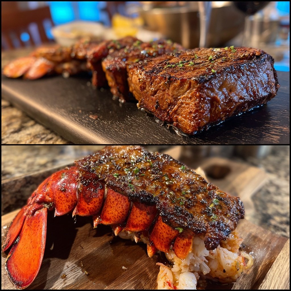 Gegrilltes Rindfleisch und Hummer à la Surfside