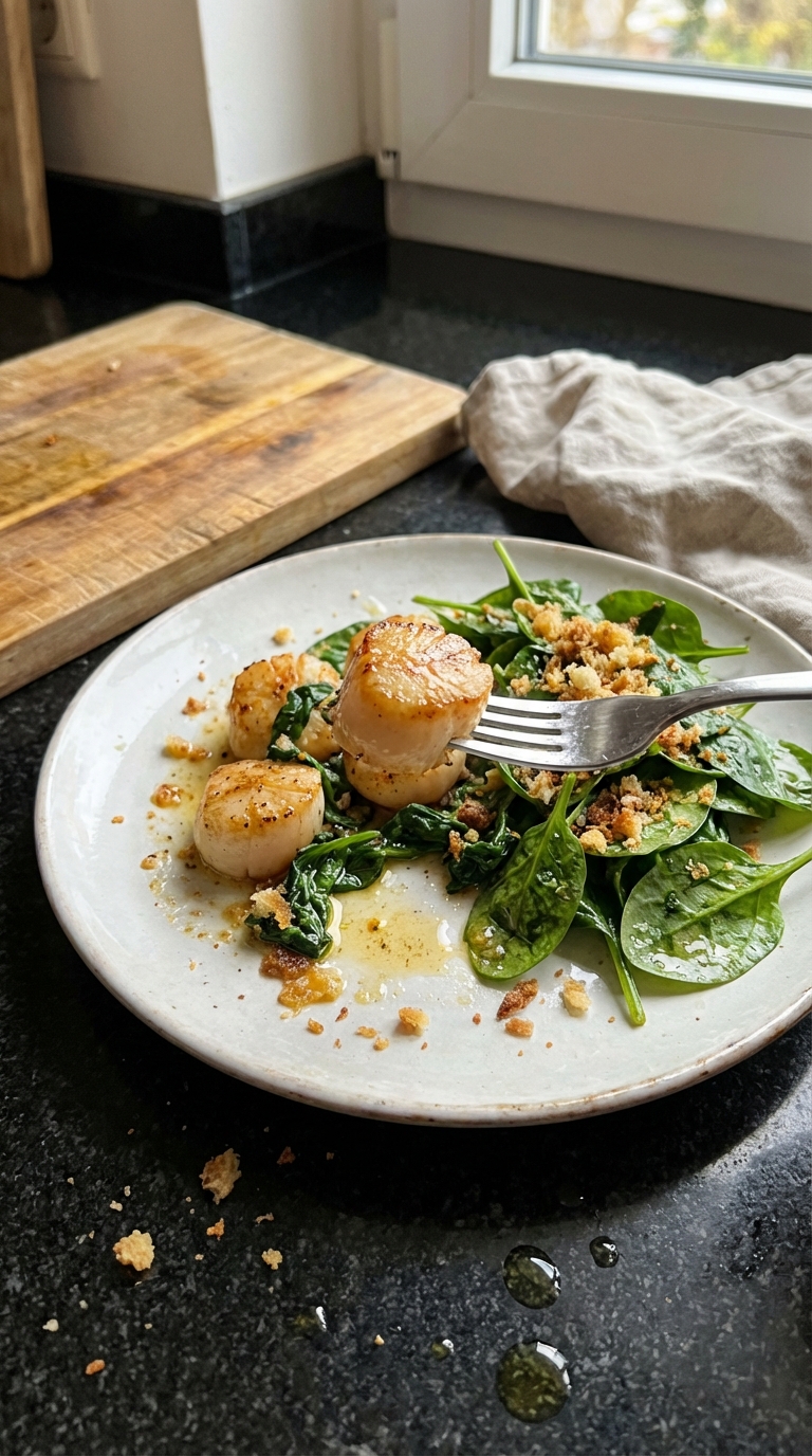 Gebratene Jakobsmuscheln mit Spinatsalat​